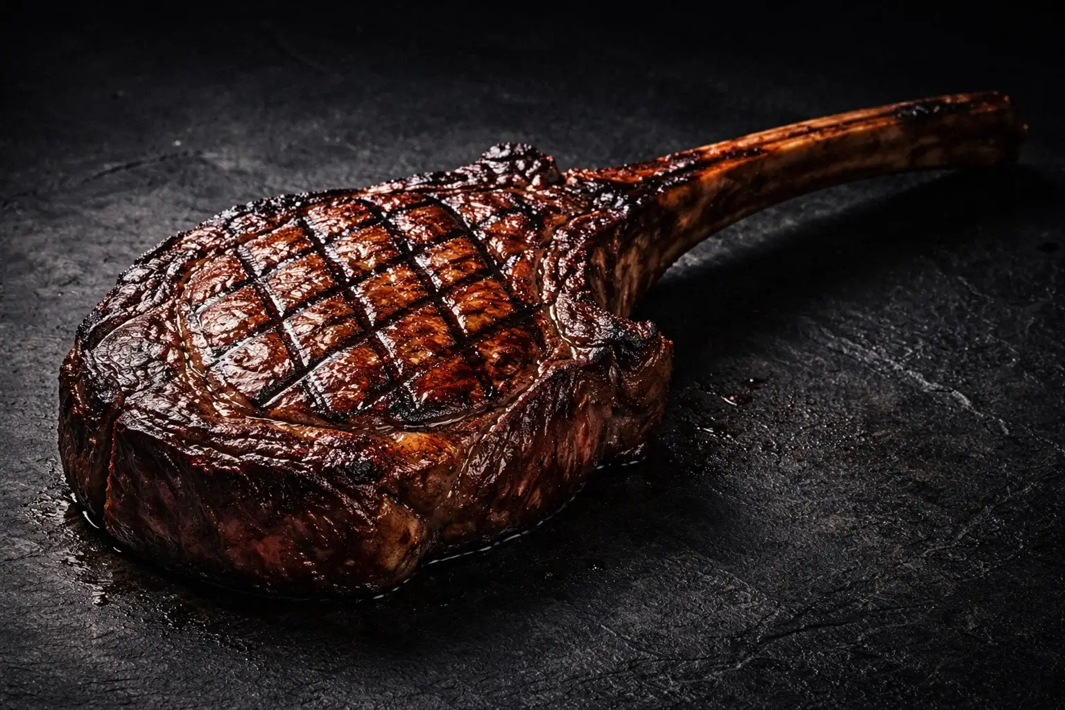 A high-contrast photograph of a grilled tomahawk ribeye steak with distinct cross-hatch sear marks on a dark slate background. This image illustrates the high-fat, high-protein nature of the carnivore diet, highlighting the ribeye as a primary source of bioavailable nutrients and essential fatty acids for those following an all-meat protocol.