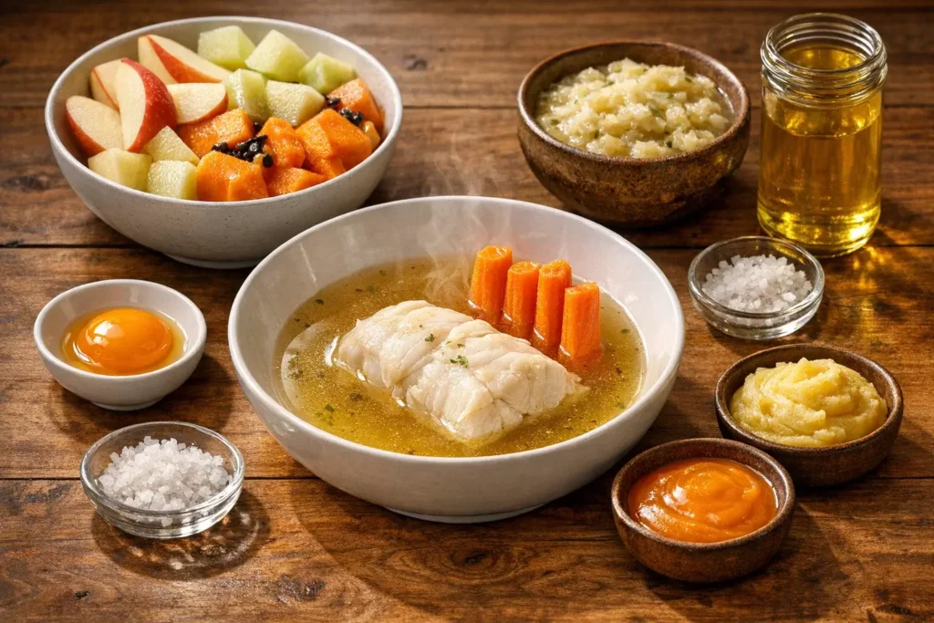 A high-angle photograph of a GAPS Introduction Diet meal featuring poached white fish and steamed carrots in a clear, steaming bone broth. The main dish is surrounded by small bowls of raw egg yolk, fermented sauerkraut, mashed squash, sea salt, and fresh papaya and apples. This visual provides a comprehensive breakdown of the typical meal structure and nutrient-dense ingredients used in the Complete GAPS Diet Protocol for healing leaky gut naturally during the 'healing and sealing' phase.