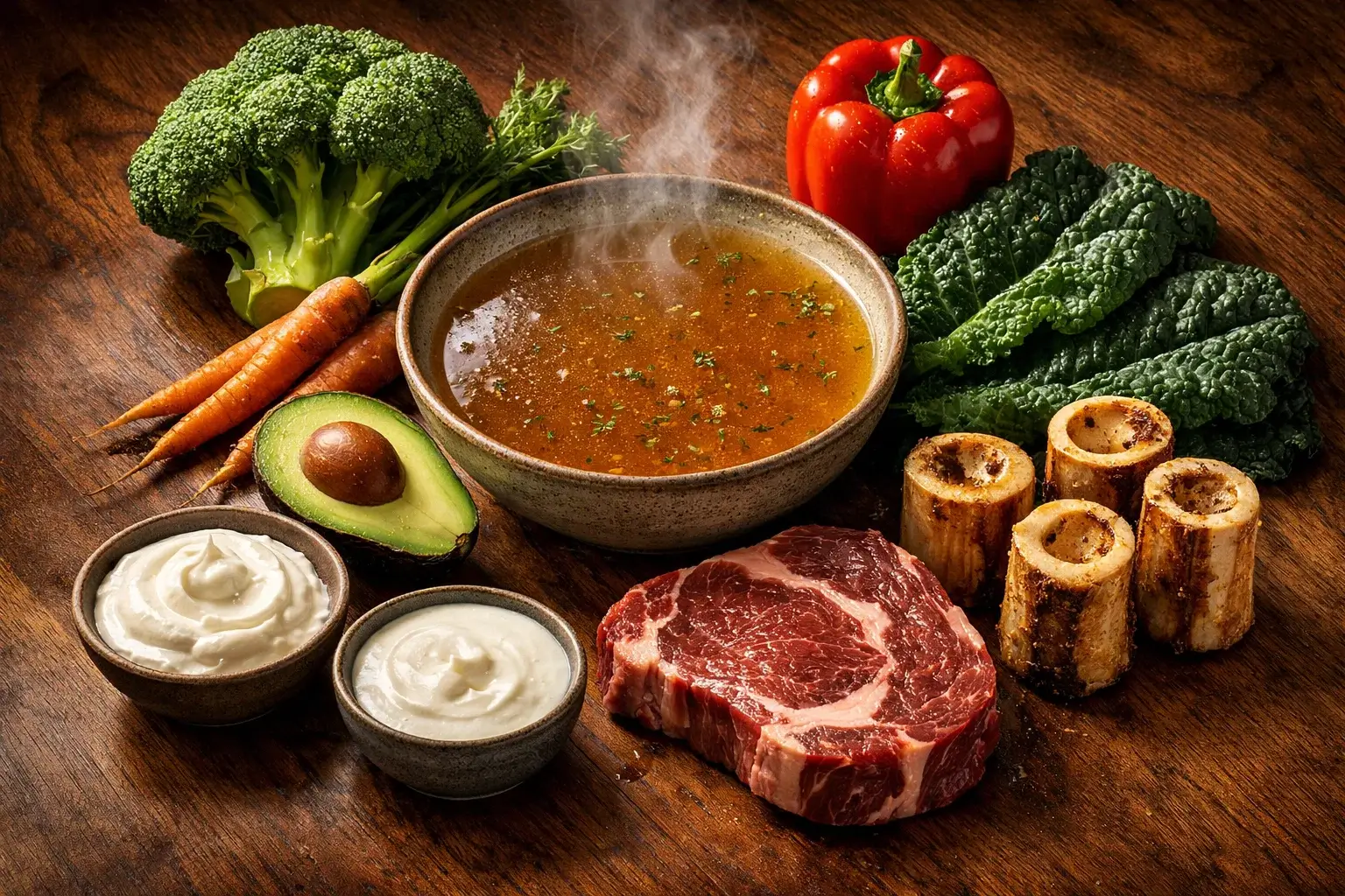 Photograph of a comprehensive GAPS meal prep layout, featuring gelatinous bone broth and marrow bones as primary collagen sources. These entities are central to the GAPS protocol’s methodology for sealing "leaky gut" or increased intestinal permeability through specific amino acid profiles like glycine, proline, and hydroxyproline.