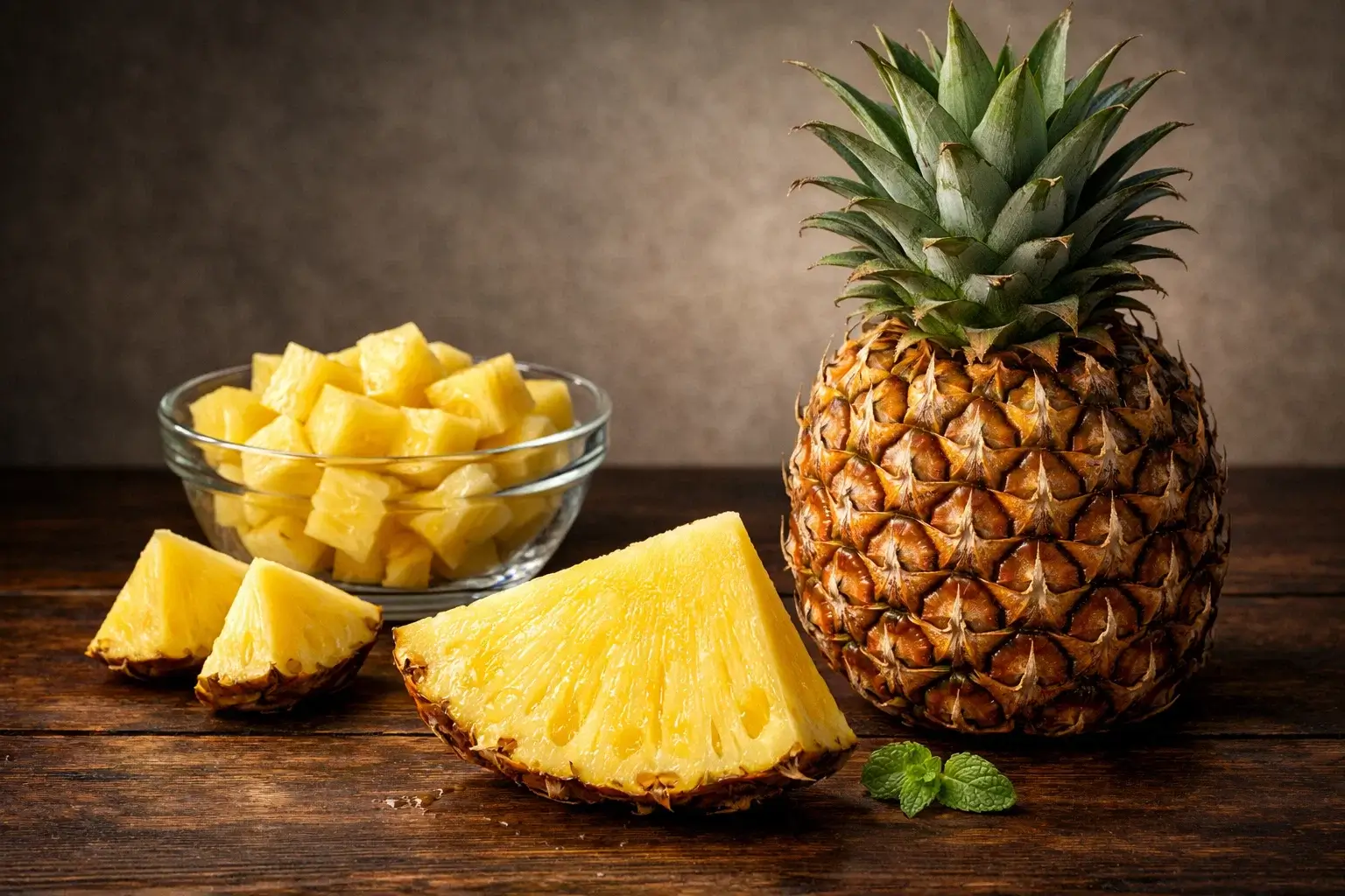 A vibrant display of fresh-cut pineapple pieces and a whole fruit, showcasing the fibrous texture where Bromelain concentrations are highest, a natural proteolytic enzyme studied for its role in digestion, allergy relief, inflammation reduction, and sports recovery.