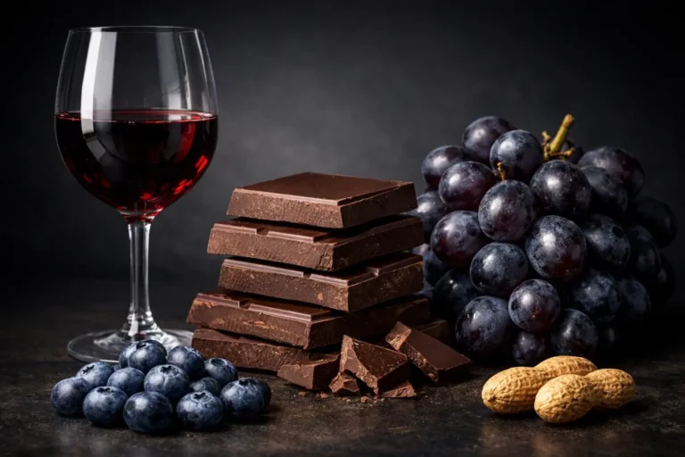 A high-contrast photo of grapes, blueberries, peanuts, and dark chocolate stacks. These items represent the leading natural sources of trans-resveratrol, a stilbenoid phytonutrient studied for its potential effects on cardiovascular health and SIRT1 gene activation.